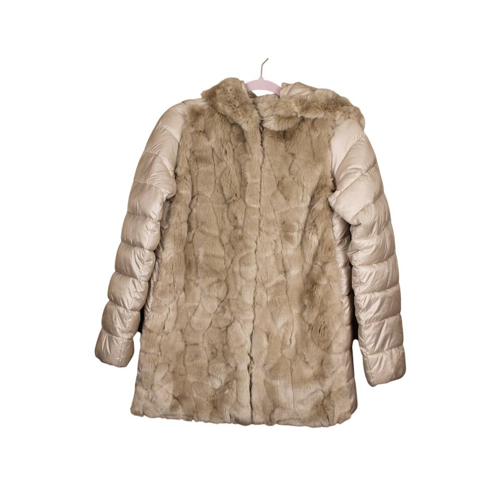 NWT Intrend Tan Quilted & Faux Fur Button Warm Up Hooded Reversible Coat Size 0